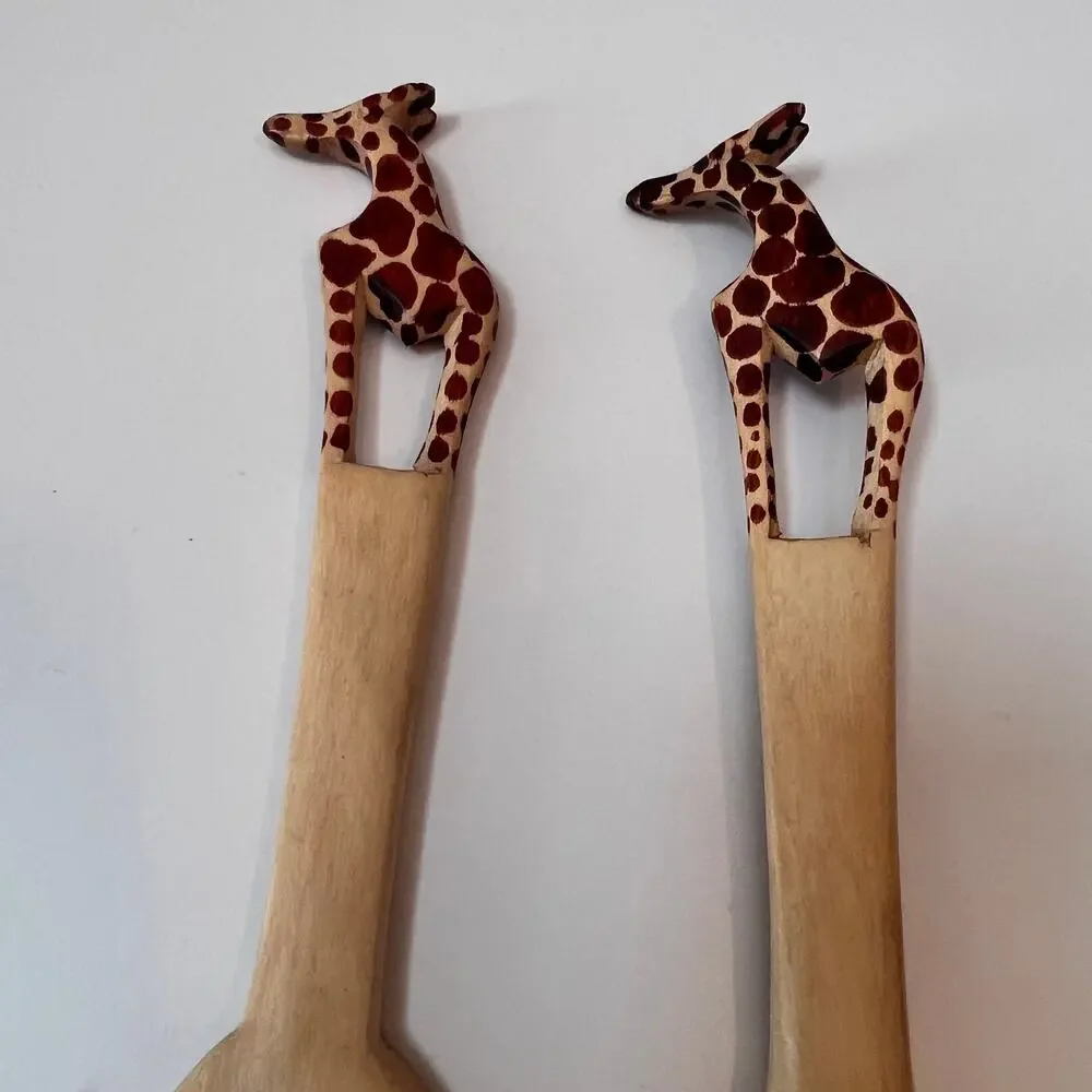Wood Salad Server Set Giraffe Handle African Safari‎ Spoon Fork Kitchen Handmade
